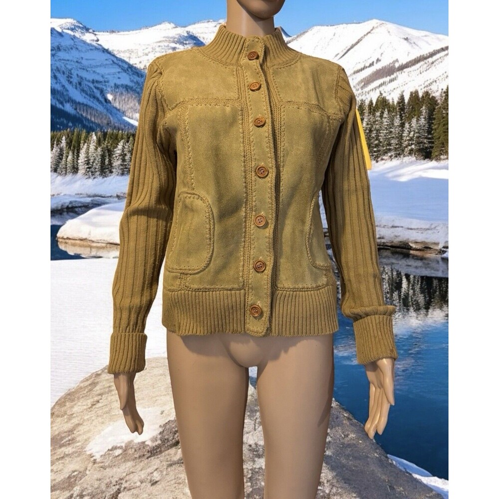 VTG 60s Kickers Sweater Cardigan Tan Suede Leather Knit Jacket Sz L pockets